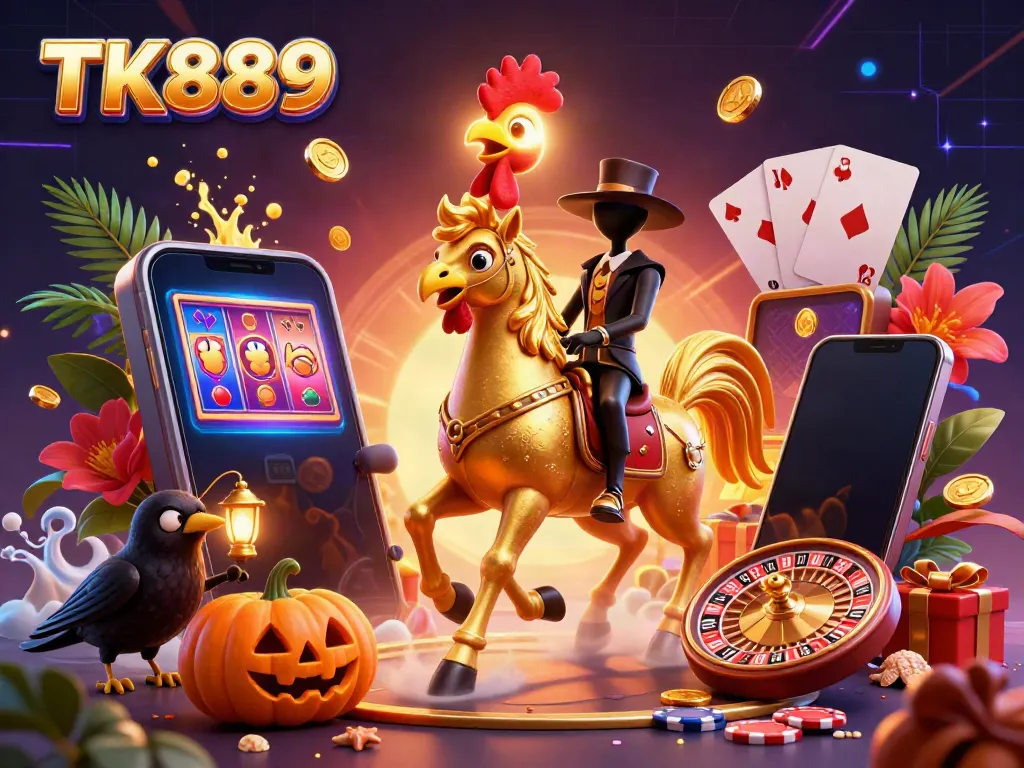Engage with vibrant casino adventures at TK889, featuring golden rooster characters amidst rich gaming elements.