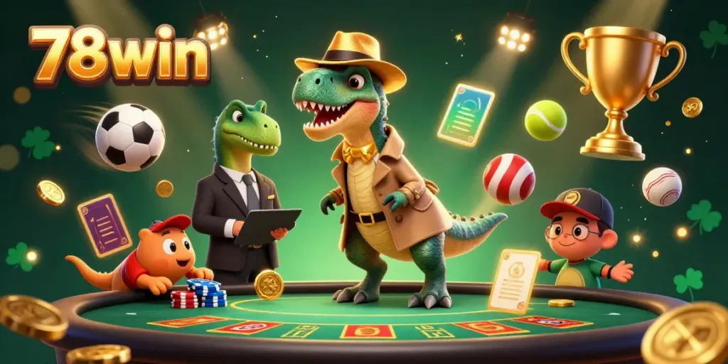 Experience 78win's exciting casino action with cartoon characters in a vibrant luck-filled environment.