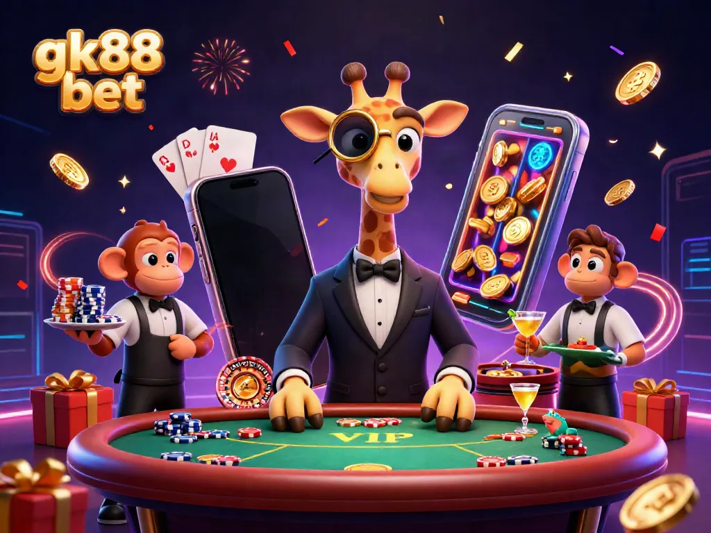 Experience thrilling moments in gk88 bet with vibrant casino characters, slot games, and dynamic celebratory elements.