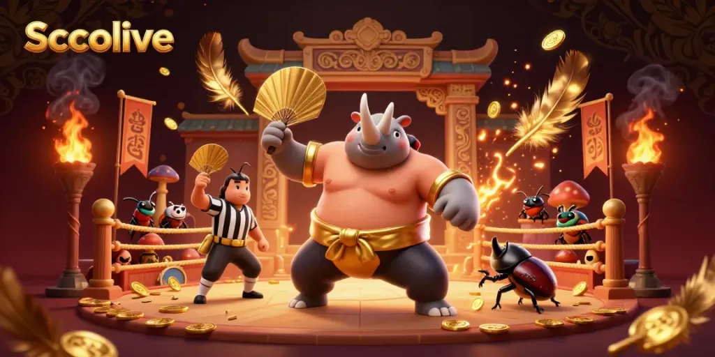 Socolive unveils its vibrant gambling scene with a rhinoceros beetle champion and a cricket referee amidst gold coins and betting tokens.