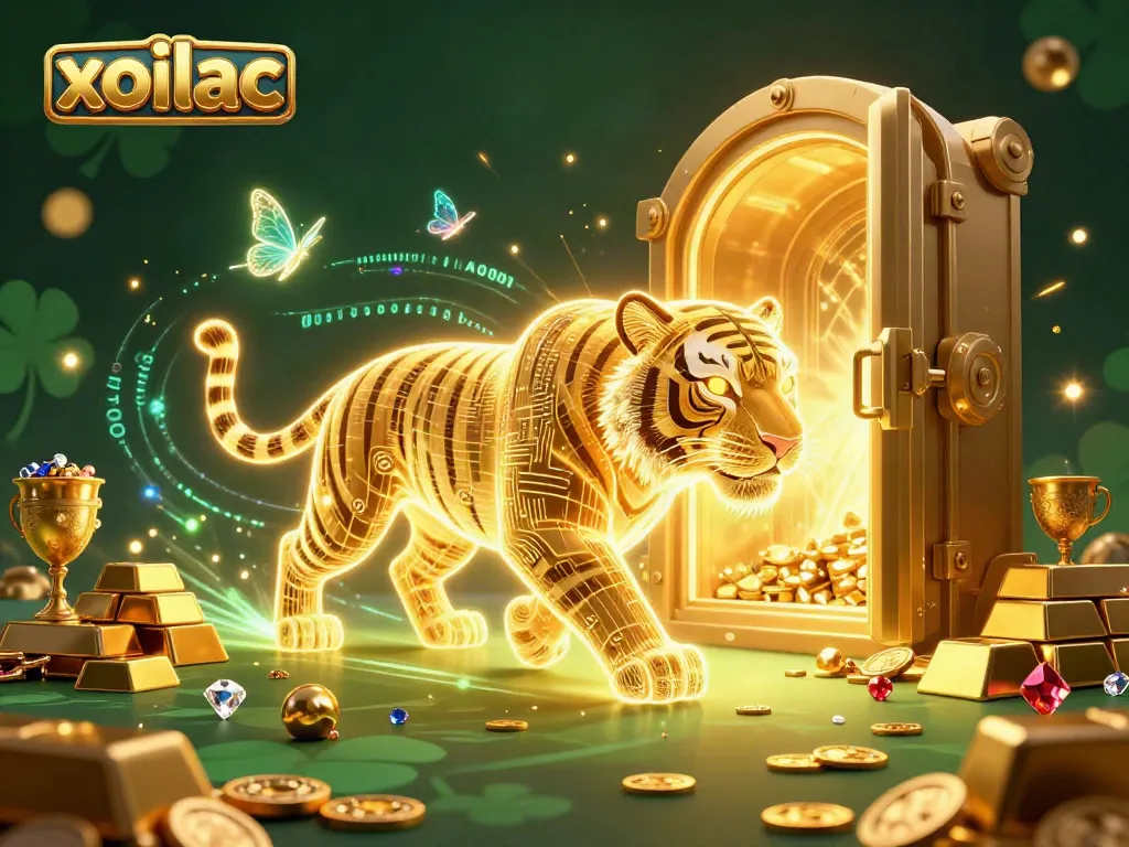 Xoilac showcases an exciting digital casino scene with a glowing tiger and jewels, highlighting gaming thrills.