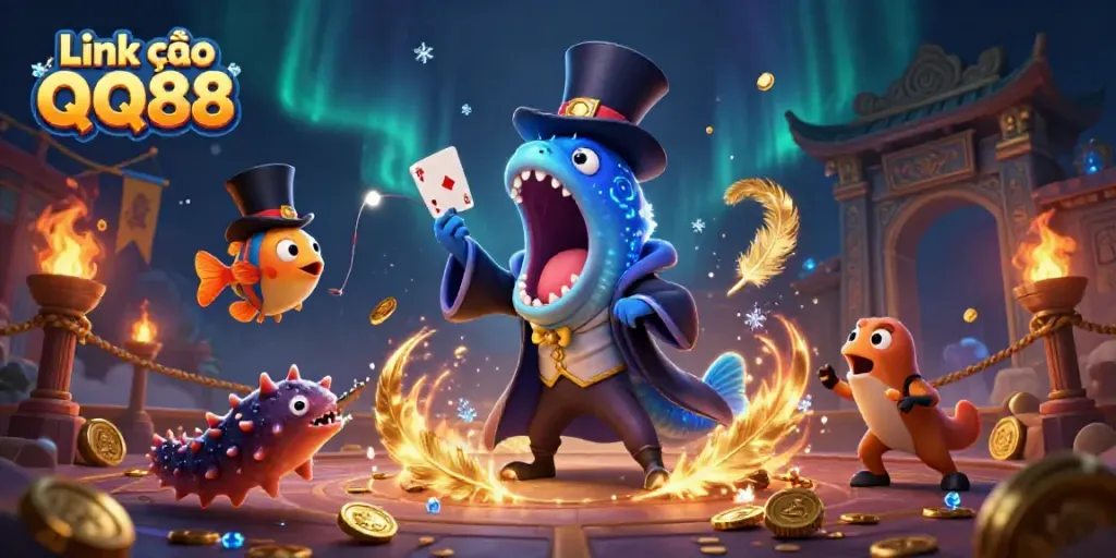 Engage in 'Link vào QQ88' magic with creatures showcasing impressive tricks in a dynamic casino-themed adventure.