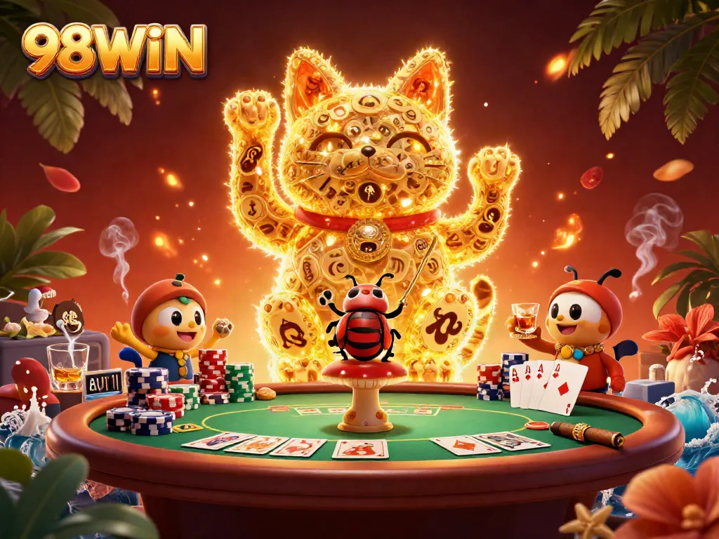 Experience the excitement of 98WIN with this vibrant casino-themed illustration showcasing a giant lucky cat and poker elements.