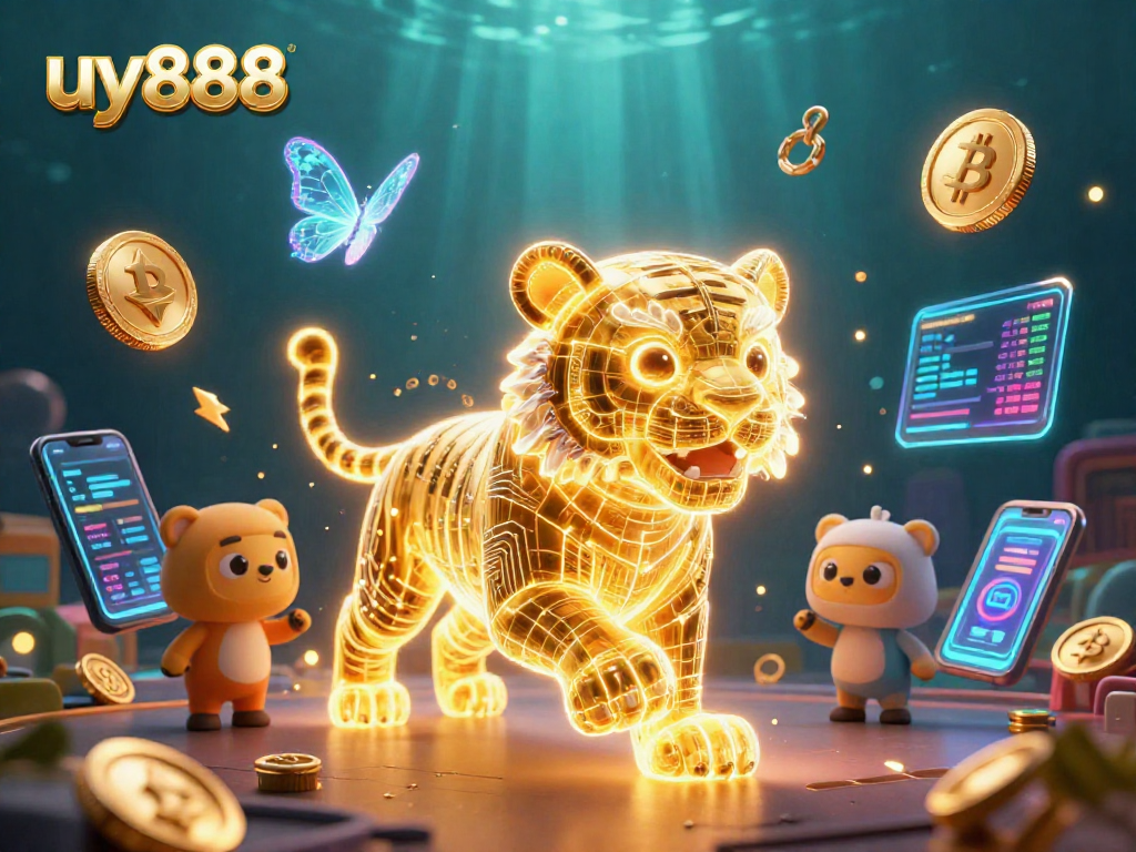 Engage players with uy888 in a vibrant digital casino scene showcasing a neon tiger and holographic elements.
