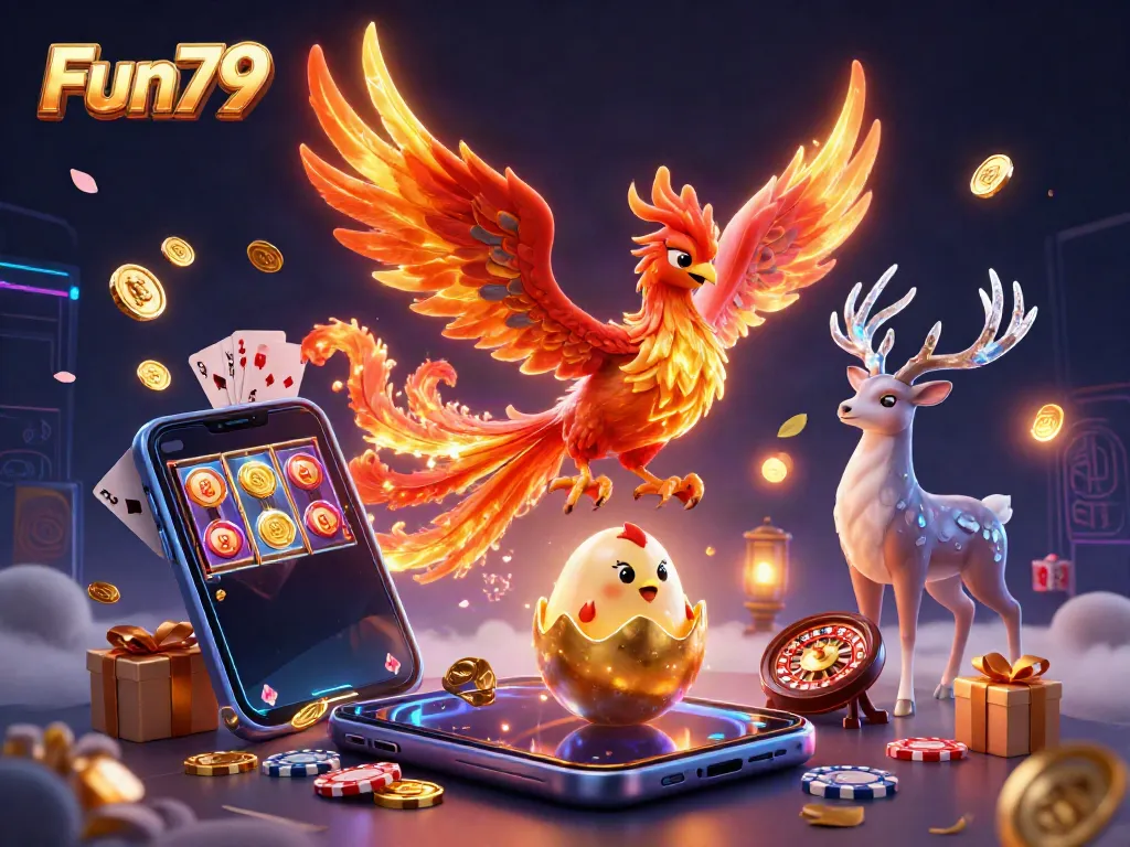 Experience the magic and excitement at Fun79 with a vibrant casino-themed illustration showcasing thrilling gaming elements.