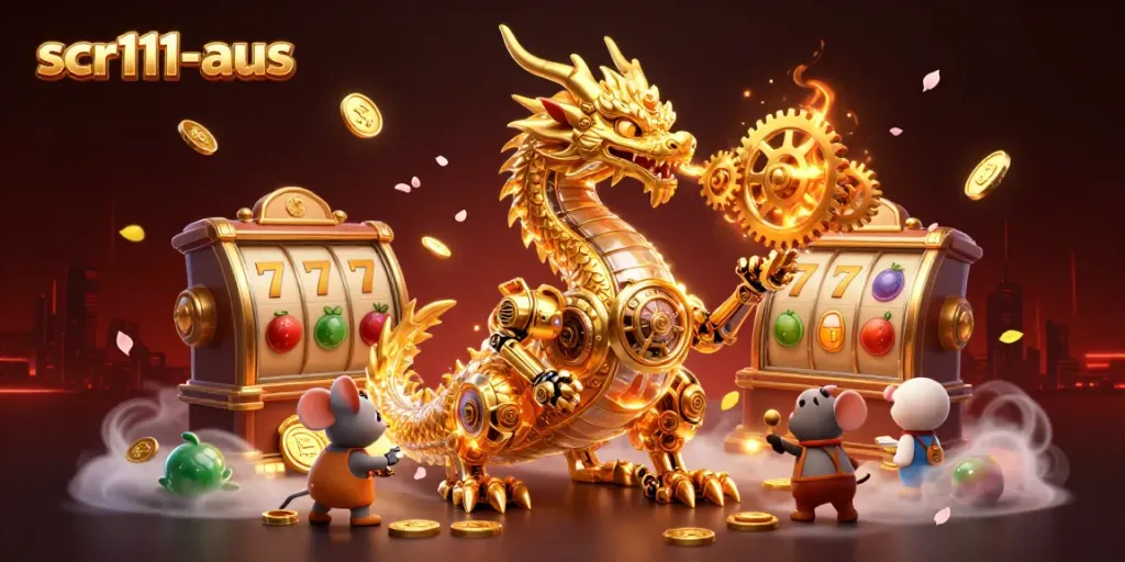 Experience the excitement at scr111-aus with a golden dragon and vibrant casino elements.
