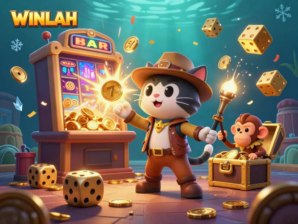 Experience the excitement at WINLAH with a dynamic casino scene featuring an explorer cat and treasure.