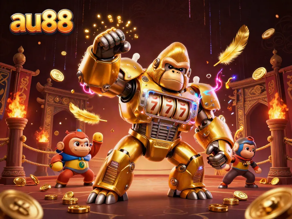 Experience the excitement of au88 with a 3D golden gorilla mech and casino elements showcasing thrilling gameplay.