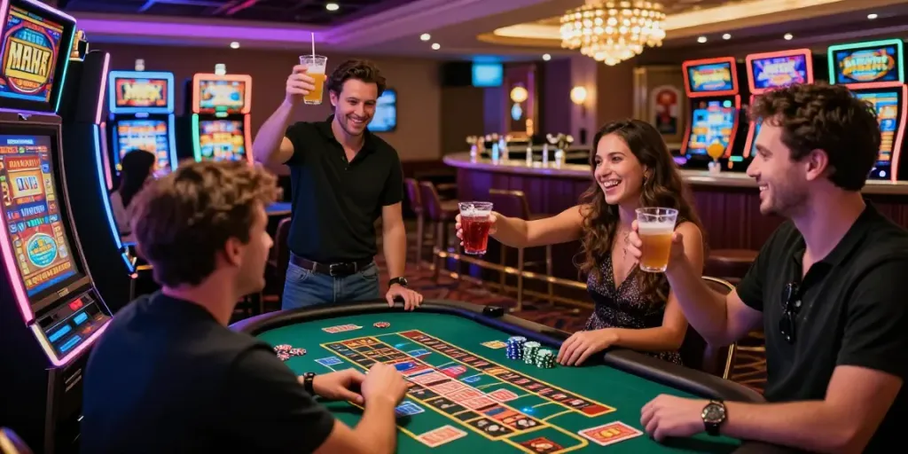 Bonus casino sans dépôt : ambiance festive avec joueurs célébrant des gains dans un casino animé.