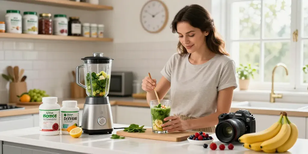 Préparation d'un smoothie sain, mettant en avant les produits Natura Force et une ambiance lumineuse et accueillante.