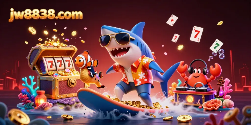 Explore winning opportunities with jw8838 com's vibrant underwater casino scene, featuring exciting characters and gambling elements.