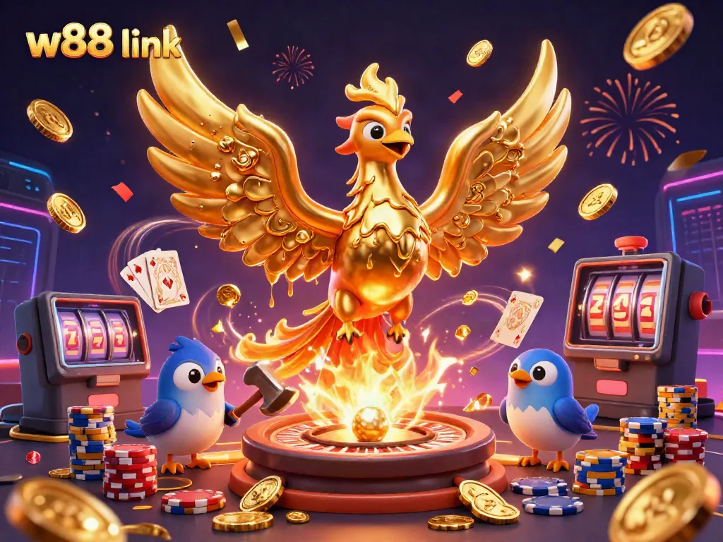 Experience thrilling wins with the dynamic w88 link, showcasing a golden phoenix in a vibrant casino scene.