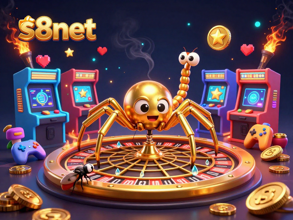 Experience thrilling bets at s8net with a golden spider and centipede croupier in a vibrant casino scene.