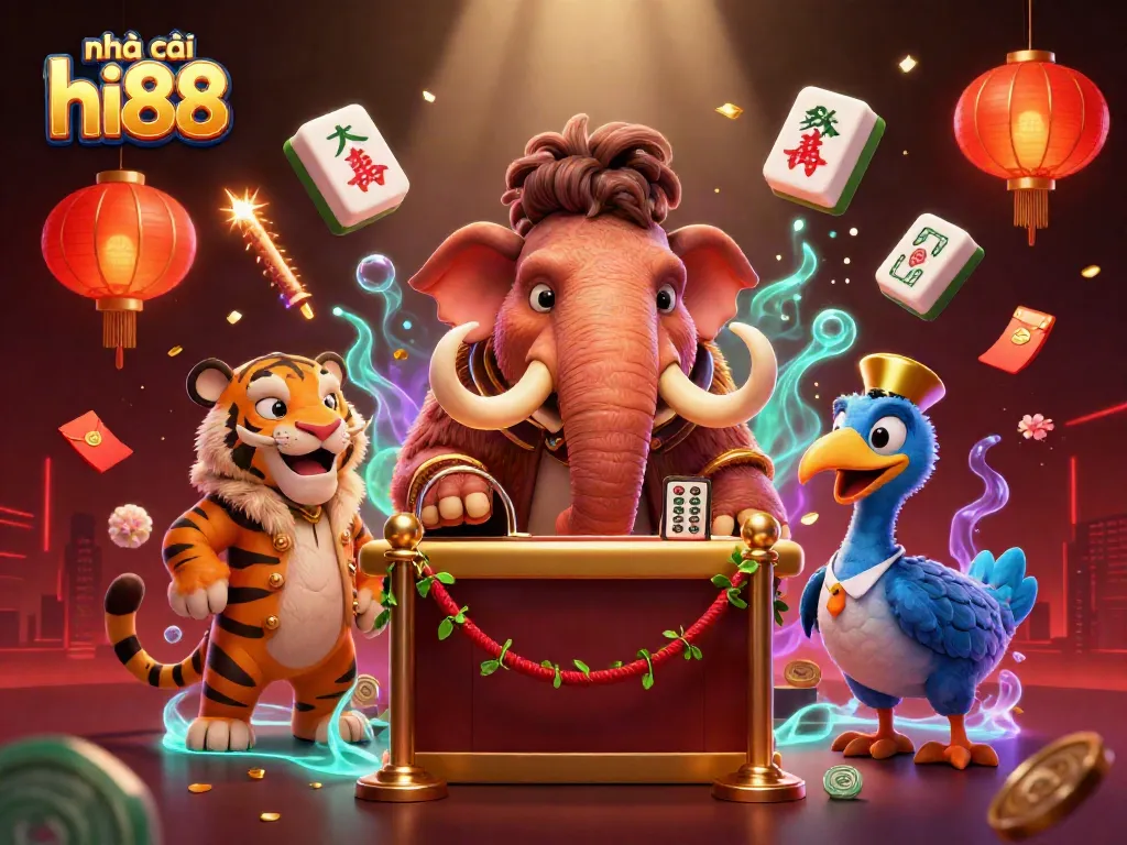 Engage with nhà cái hi88 at an animated casino scene featuring vibrant characters and games.