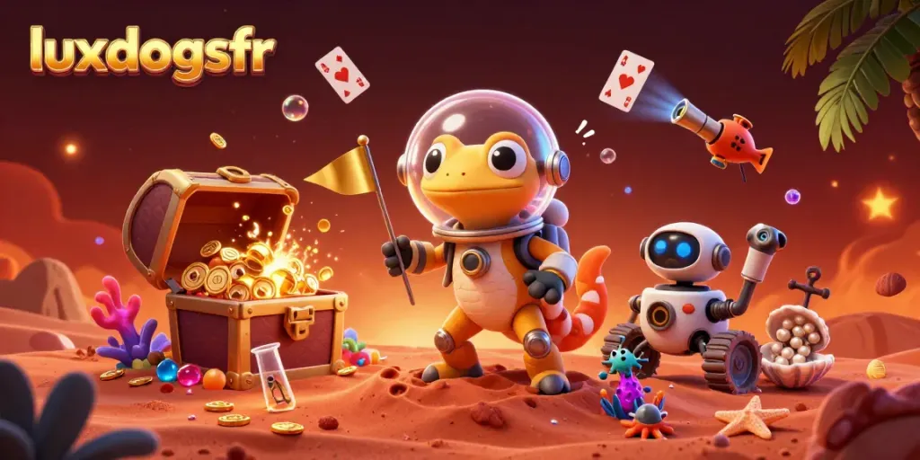 Luxdogsfr unveils a vibrant casino discovery, blending Martian and gambling elements in a dynamic scene.