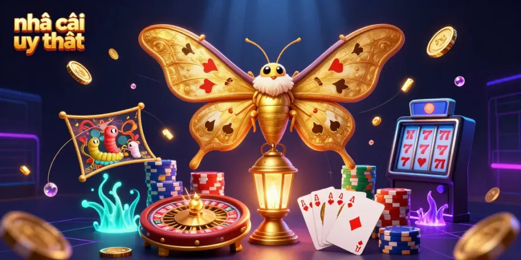 Experience the excitement of nhà cái uy tín with a vibrant casino scene featuring golden coins, cards, and a 3D moth.