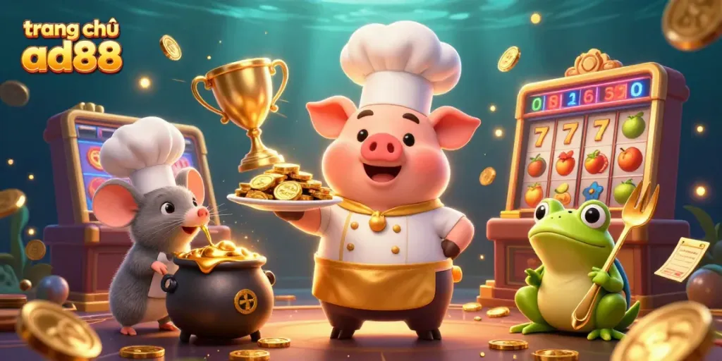 Engage with the thrill of trang chủ ad88 illustrated by a chef pig showcasing gold while celebrating casino riches.