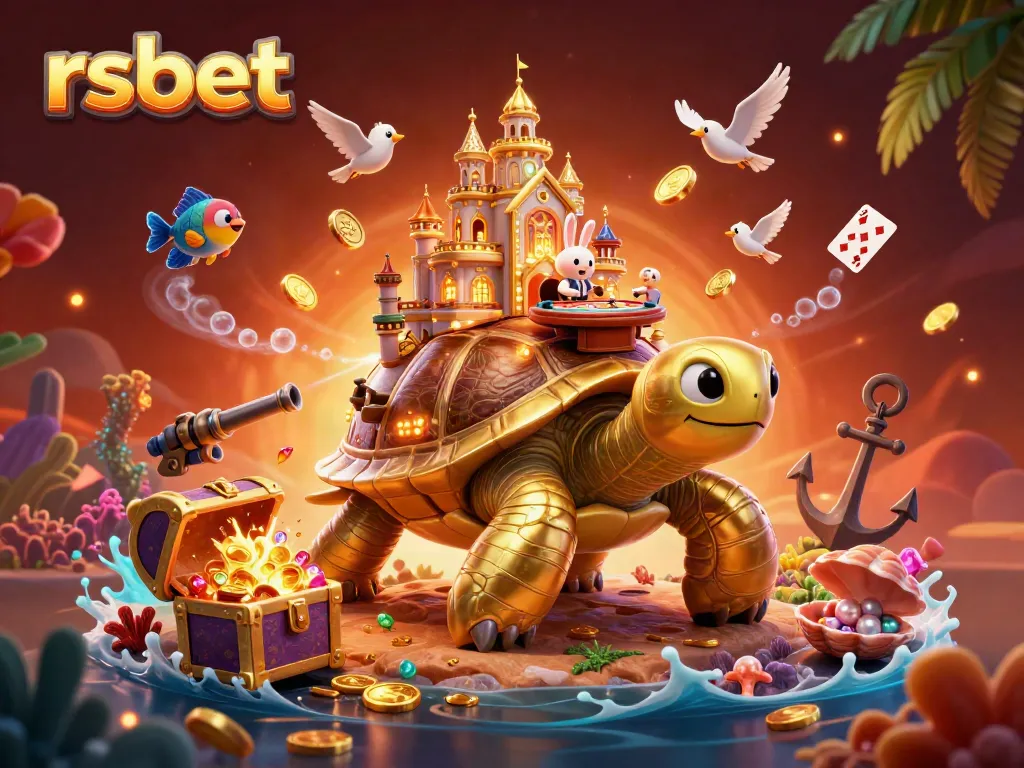 rsbet showcases a vibrant 3D casino scene with a golden tortoise and rabbit dealer, captivating players.