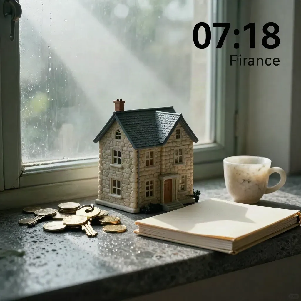 Maquette de maison, clés en laiton, pièces, dossier crème et coupe minérale près d’une fenêtre après la pluie.
