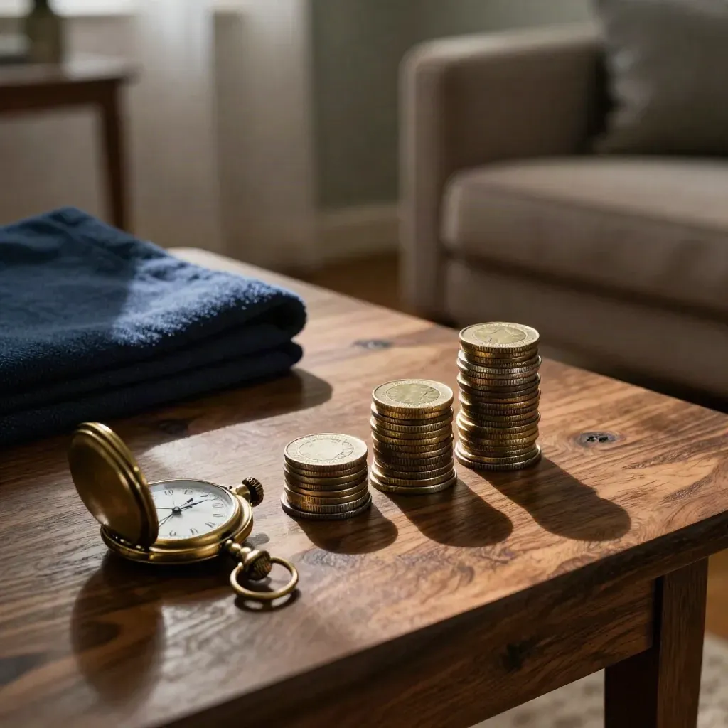 Trois piles de pièces, une montre de poche et une couverture pliée sur une table, fauteuil flou derrière.