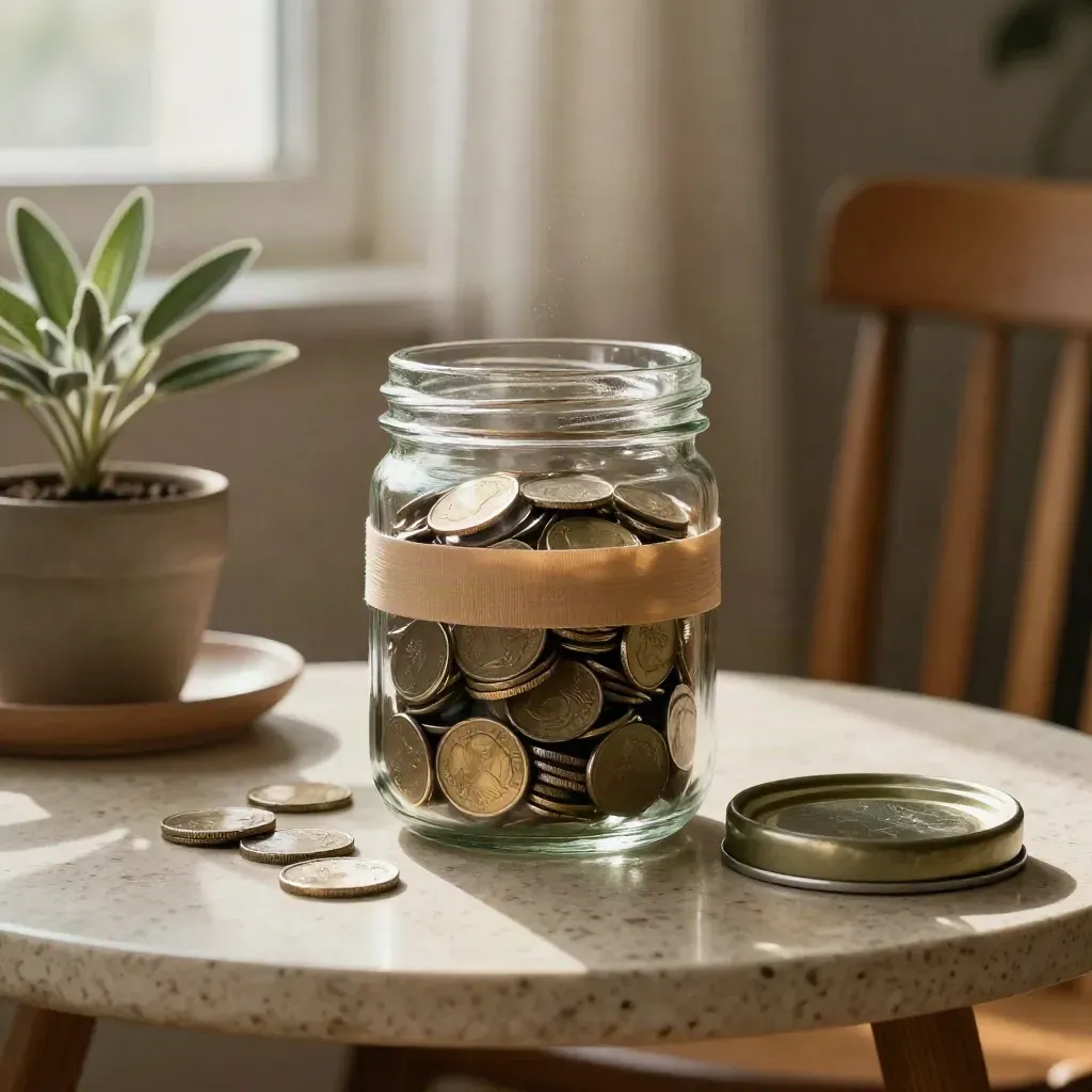 Bocal en verre rempli de pièces, élastique beige, plante et soucoupe en grès sur table travertin.