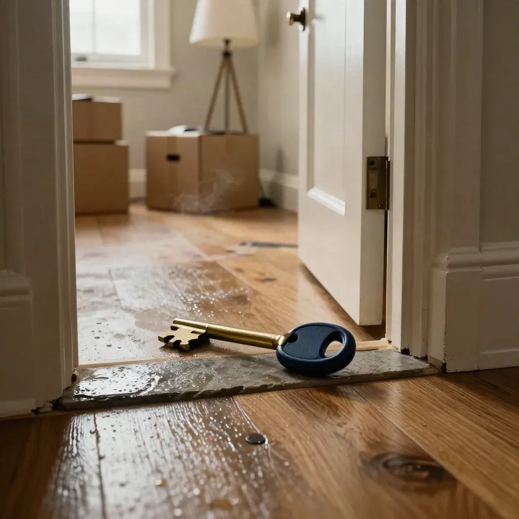Entrée d’appartement neuf avec clé, cartons et lampe sans abat-jour après la pluie.