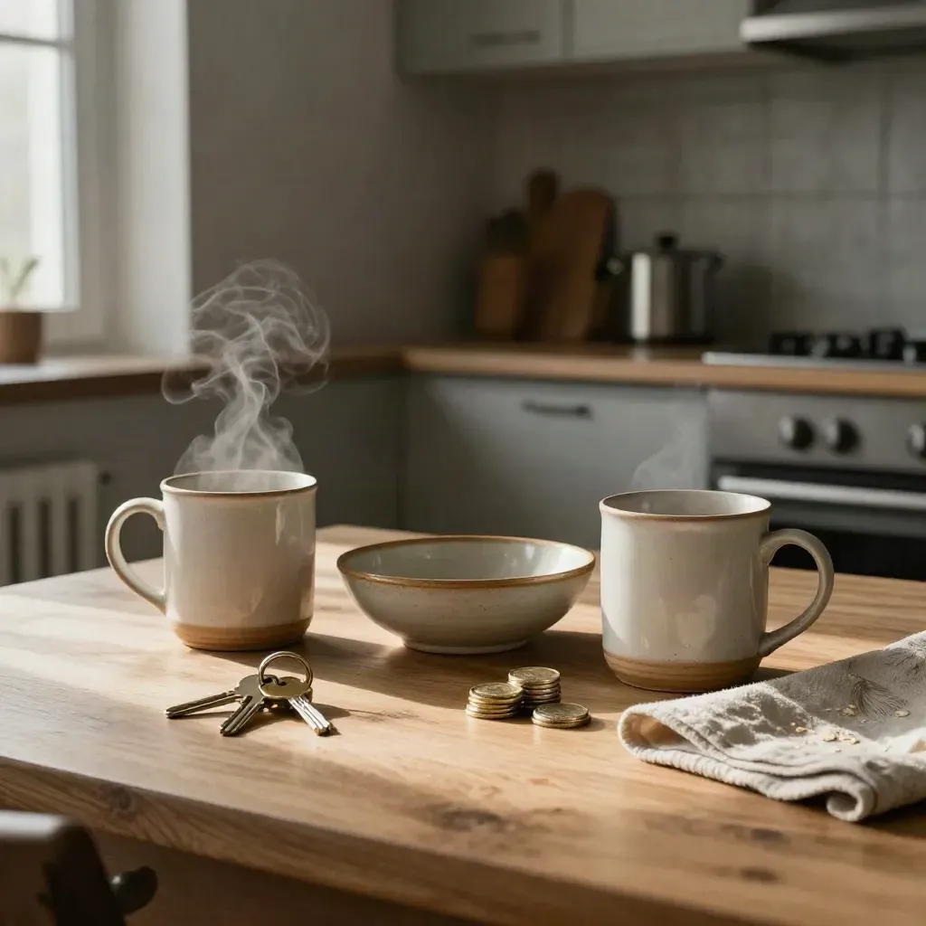 Deux mugs, deux jeux de clés et des pièces autour d’un bol sur une table en bois.