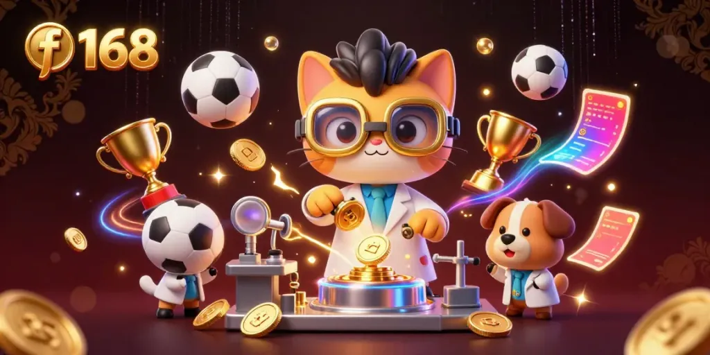 Catch high-energy action at f 168 with playful scientist cat and assistant creating gold coins in a vibrant casino.