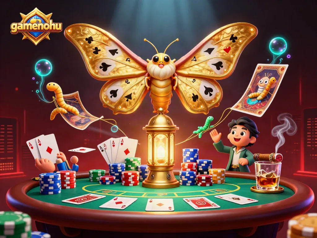 Experience gamenohu with a vibrant 3D casino scene featuring stylish moths and poker elements.