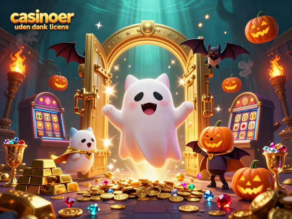 Engage with casinoer uden dansk licens through a vibrant 3D illustration featuring a ghost cat in a haunted casino.