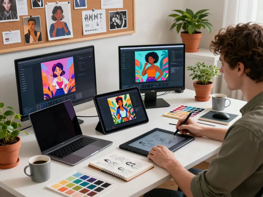 Creative content creator engaged in nsfw ai character design in stylish studio.