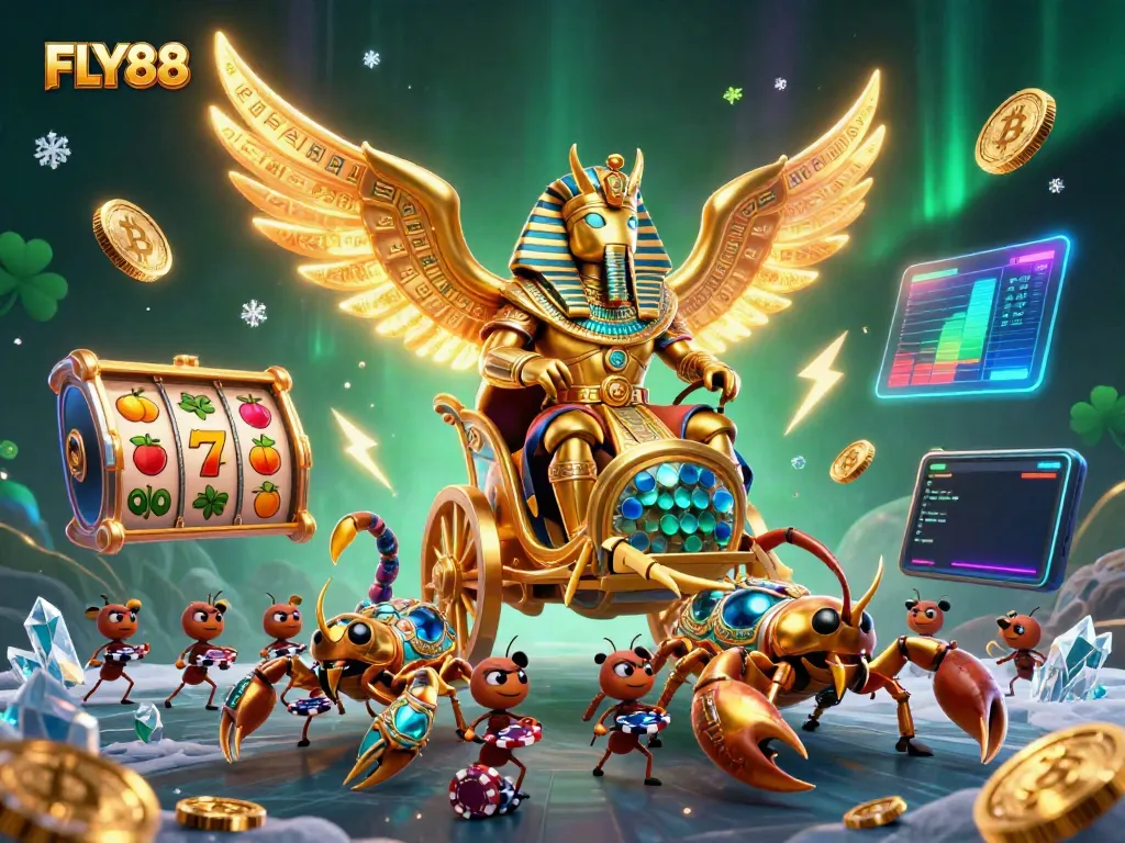 FLY88 showcases a vibrant casino adventure with golden beetles, jewels, and slot elements.