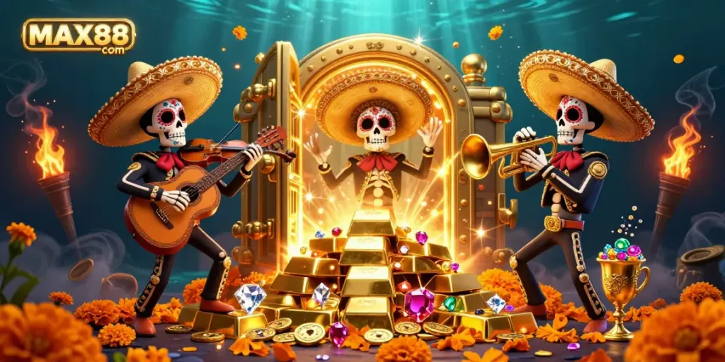 Experience gaming excitement at MAX88 com with a lively mariachi band amidst treasure vaults.