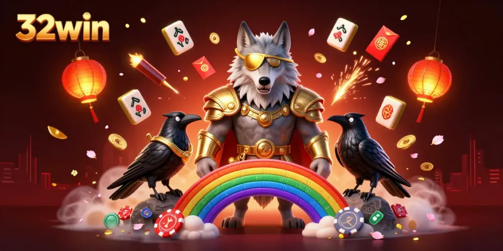 Engage with 32win in a vibrant 3D fantasy scene featuring Odin and ravens amidst dazzling casino imagery.