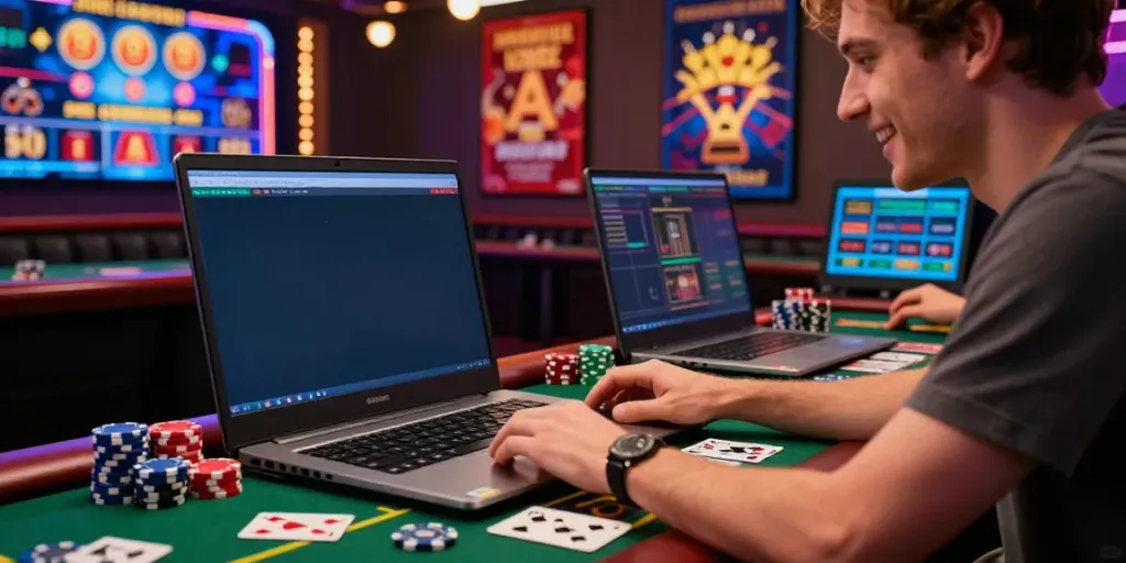 Joueur enthousiaste dans un casino sans dépôt en ligne, ambiance vibrante et jeux colorés.