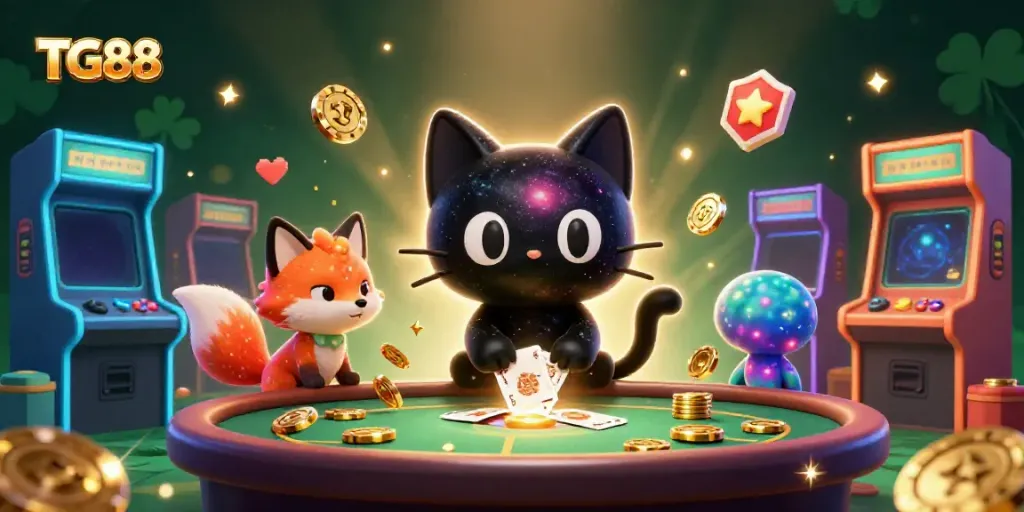Experience the cosmic thrill of casino gaming with TG88, featuring vibrant characters and game elements.