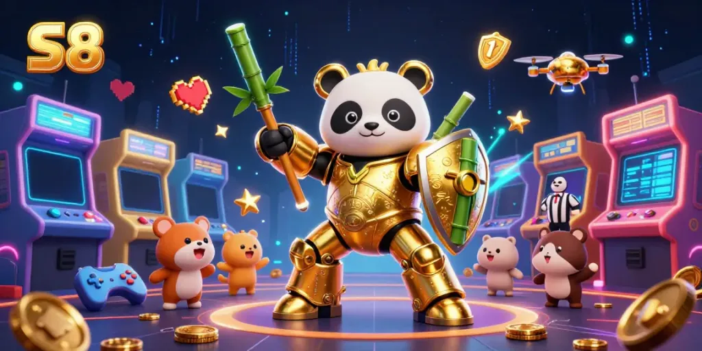 S8 themed vibrant casino illustration with a mech-suit panda in a lively arena.