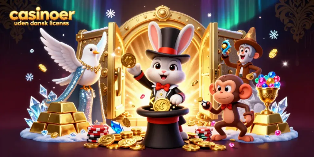 Exciting illustration of casinoer uden dansk licens with a magician and playful monkey amidst sparkling treasures.