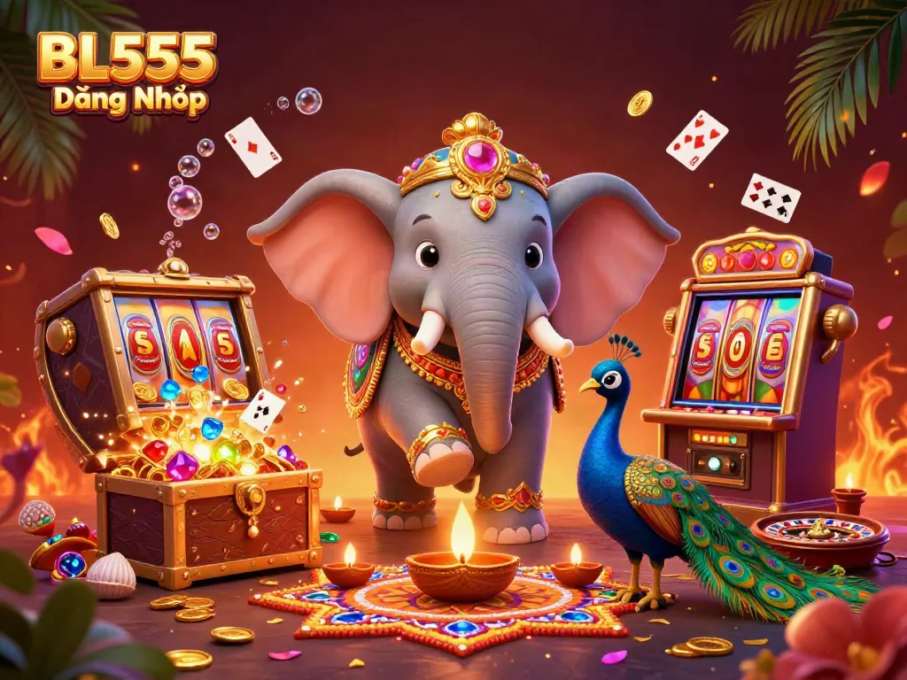 Engage in thrilling gambling at BL555 Đăng Nhập with vibrant visuals of slot machines and jackpot excitement.