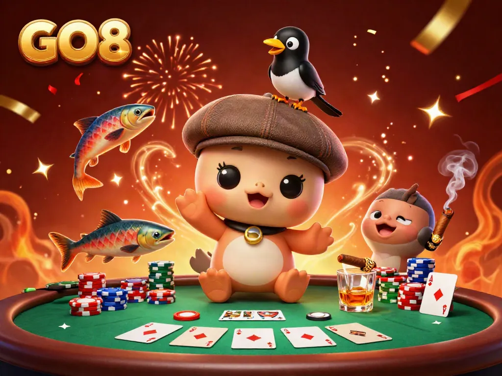 Experience exciting GO8 gaming with cheerful characters amid a vibrant casino scene.