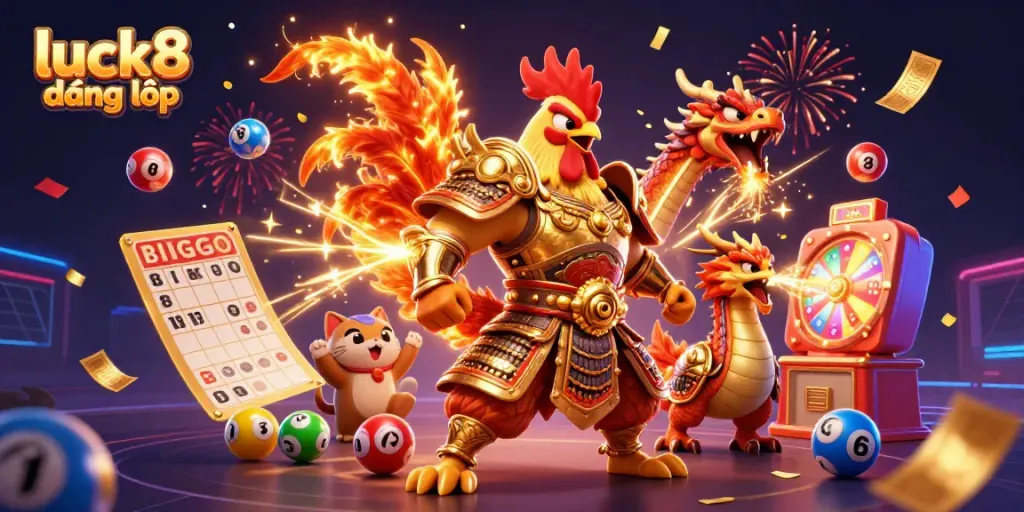 Engaging 3D scene depicting luck8 đăng nhập with heroic characters amidst lottery and casino elements.