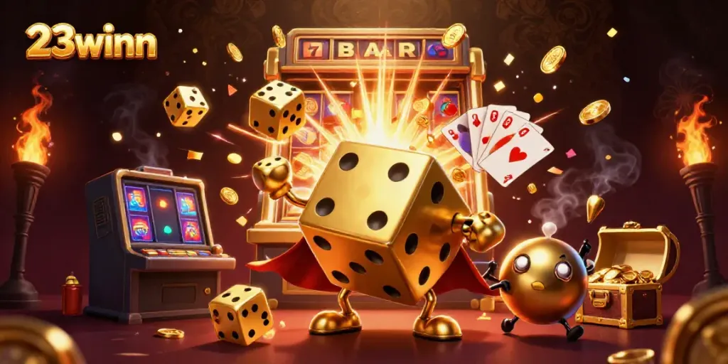 Experience the excitement of 23winn with golden dice, coin explosions, and vibrant casino elements.