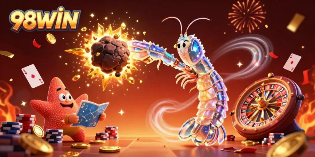 Experience thrilling wins with 98WIN as the mantis shrimp breaks through with golden coins and gems.