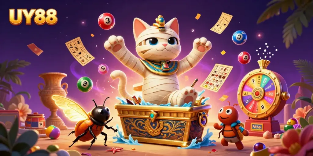 Experience the thrill of UY88 casino with vibrant characters and games in an exciting 3D scene.