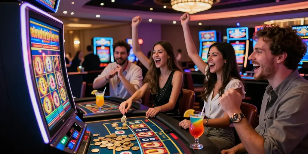 slot gacor hari ini, suasana kasino modern dengan teman-teman merayakan jackpot mesin slot