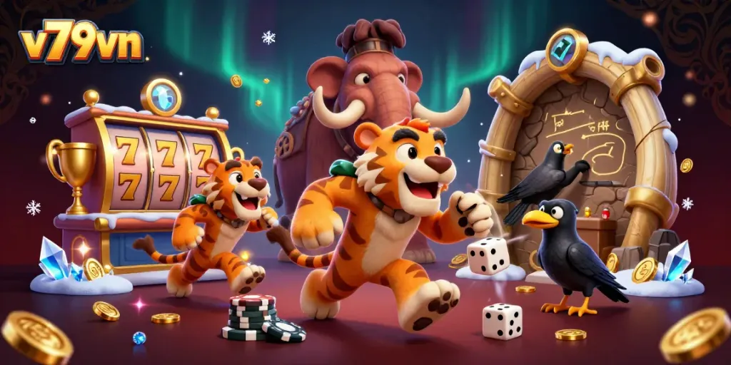 V79vn tham gia vào trò chơi sòng bạc với giao diện phong phú và các biểu tượng game đầy màu sắc.