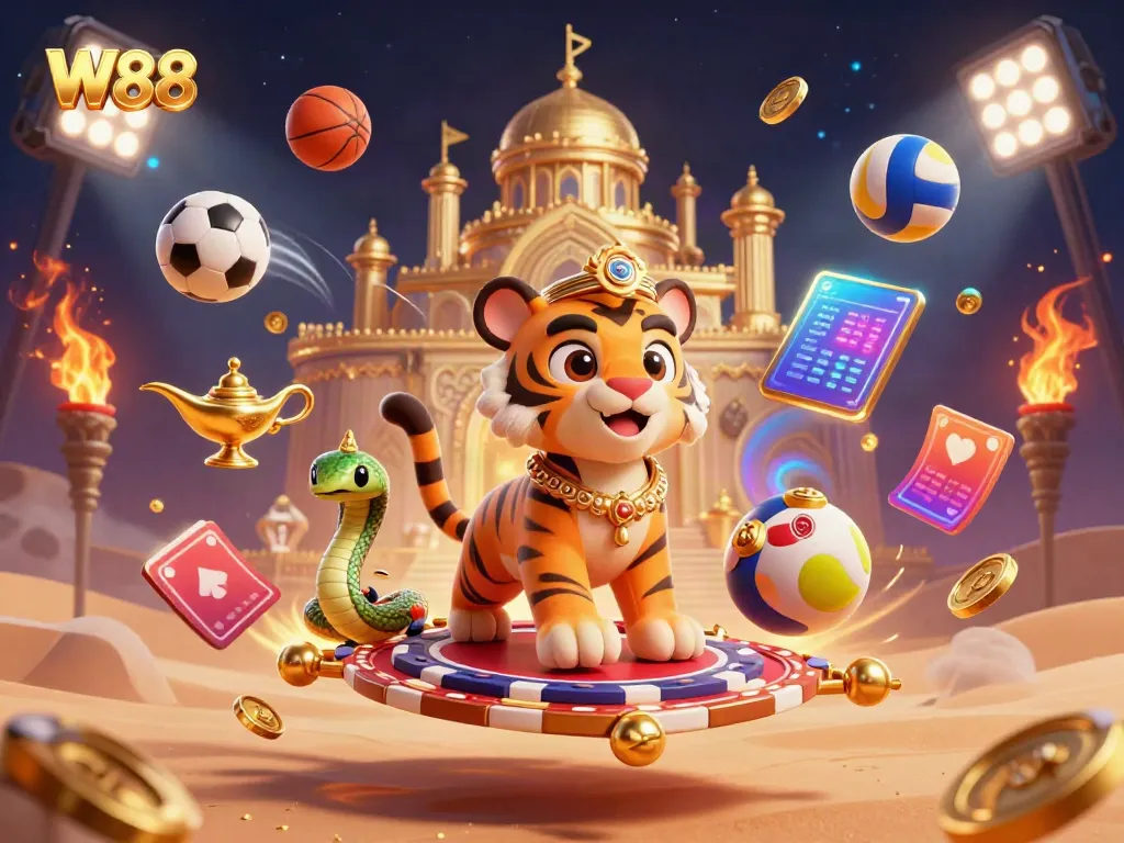 W88 sultan on a poker-chip carpet flies over a golden palace amidst dynamic sports elements and vibrant colors.