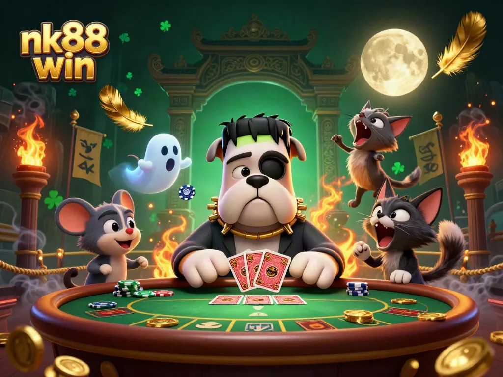 Spin the reels for big wins at nk88 win in this lively casino scene with playful characters.