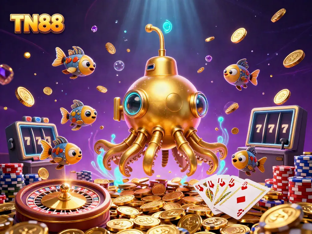 Catch exciting TN88 moments in a dynamic underwater casino scene with golden kraken and treasure.