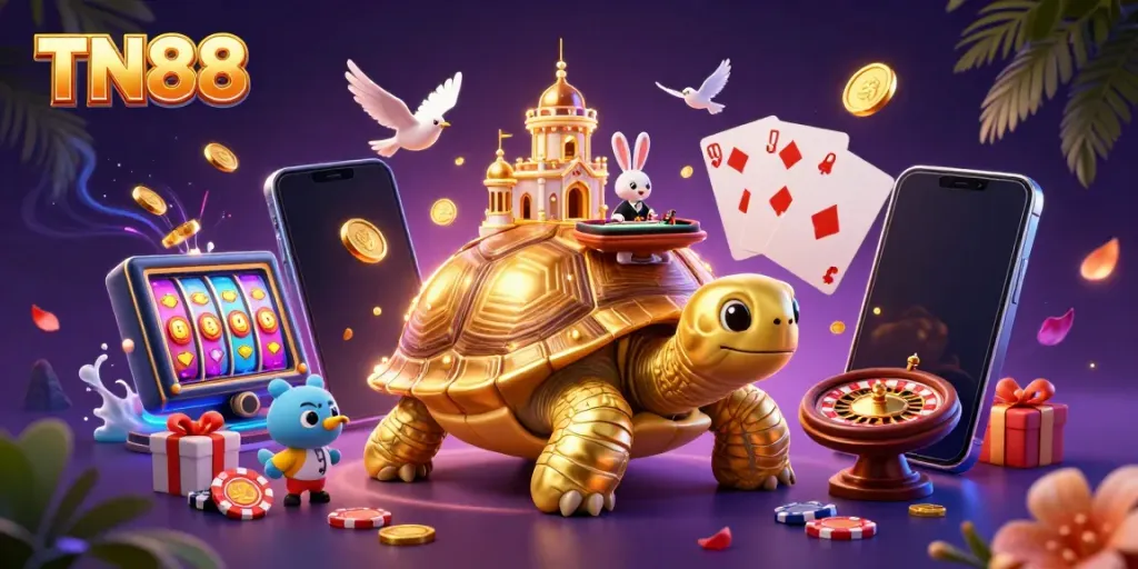 Engage with TN88's vibrant casino atmosphere featuring a golden tortoise and a rabbit dealer.